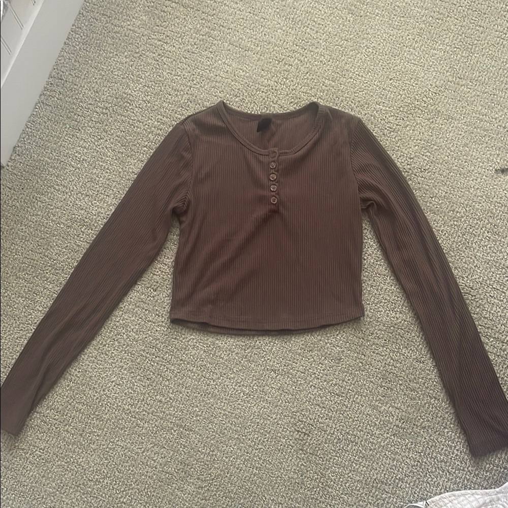 Brown Long Sleeve Ribbed Top